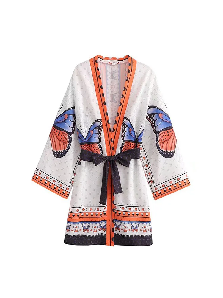 

BBWM Women 2022 Summer New Fashion Loose Printed Kimono Outerwear Retro V-Neck Long Sleeve Belt Female Coat Chic Blouse Mujer