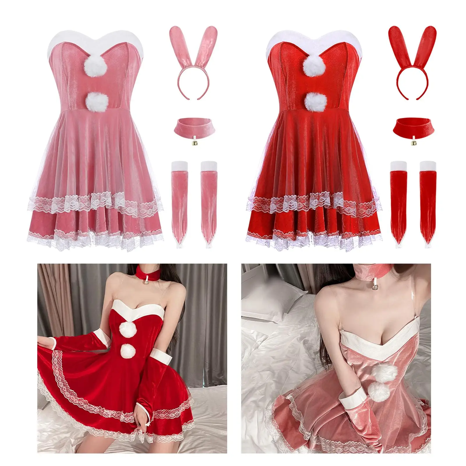 

Women Bunny Costume Set cosplay Ladies Rabbit Outfit W/ Bunny Ears Jumpsuit for New Year Party Dress up Roleplay Christmas