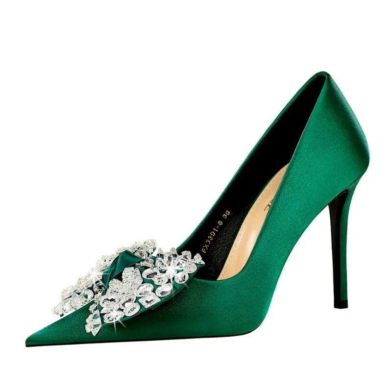 

Pumps for Women 2023 Spring Summer New Women's Fashion Banquet High-heels Satin Pointy Diamond Bow Single Shoes Female Zapatos