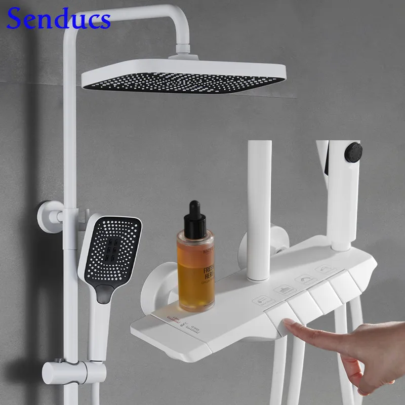 

Newly Luxury Rainfall Piano White Bathroom Shower Sets Solid Brass White Shower Faucets Mixer Thermostatic Bathroom Shower Sets