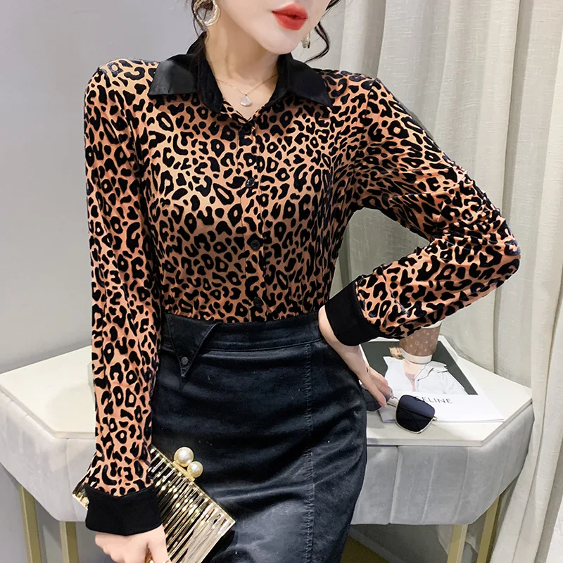 

2022 Spring New Fashion All-match Mesh Flocking Leopard Print Shirt Western Style Design Top Women Women Tops