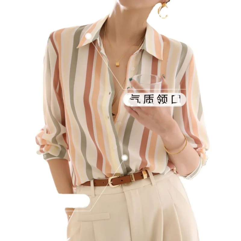 Striped Shirt Long-sleeved Women Tops 2023 Spring Summer New Niche Retro Real Silk Mulberry Silk Shirt Female Slimming Blouse