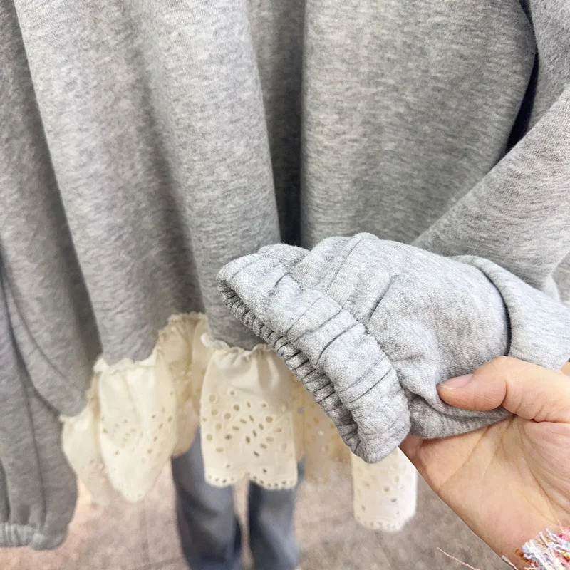 Корейский стиль 2023 Осень-зима повседневная флисовая толстовка с кружевным