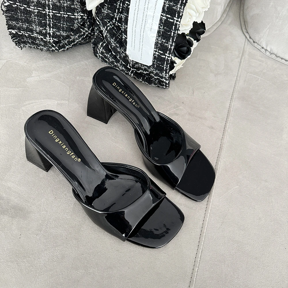 

Fashion Women Slippers Patent Leather Black/White/Pink Summer Outside Slides Sexy Party High Heels Mules Shoes Thick Heeled 40