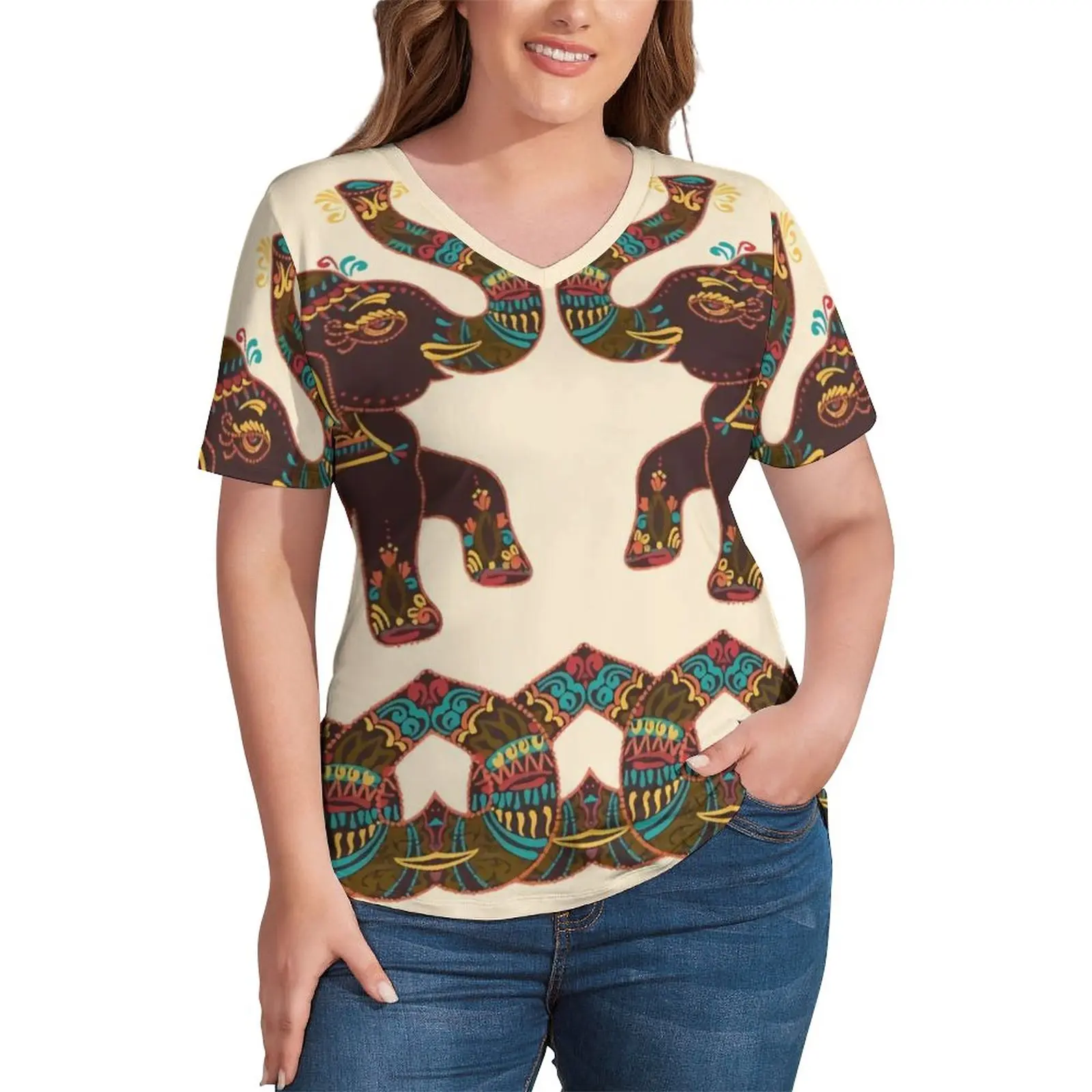 

Indian Elephant Art T Shirt Colorful Floral Print Harajuku T-Shirts V Neck Short Sleeve Tshirt Women Basic Clothes Plus Size 4XL
