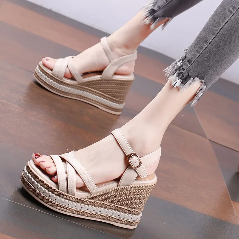 

Women Sandals Summer Fashion Women Shoes Wedges Casual Female Peep Toe Thick Bottom Korean Style Buckle Strap Two Colors