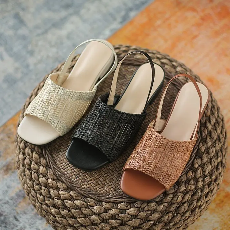 

Velvet Shoes Shallow Mouth Handmade Sandal Suit Female Beige Block Heels 2022 Women's Open Toe Breathable Suede Rope Low Black C