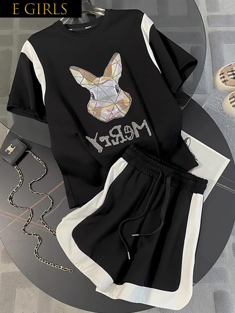 

F GIRLS Casual Two Piece Set For Women Tracksuit 2023 Summer Outfits Cartoon Short Sleeved O-Neck T Shirts+Wide-Leg Pants Short