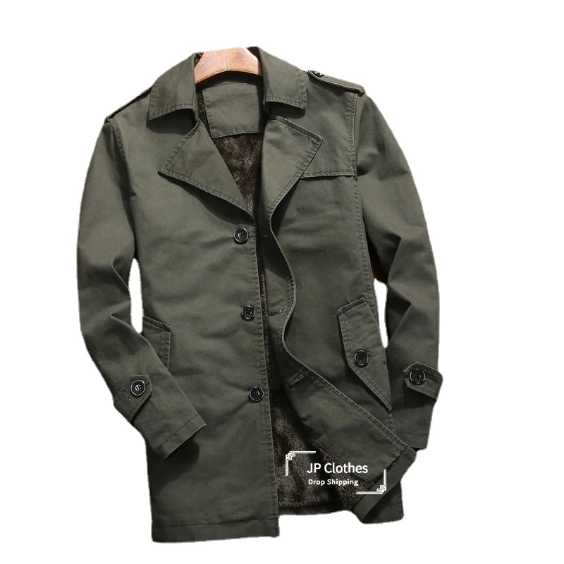 New Tench Coat Men's Autumn And Winter Plus Size 6XL 7XL 8XL Fleece Warm Coat Casual Jacket Army Green Smart Casual