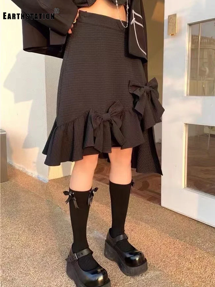 

Design Retro Solid Color High Waist Bow Decoration Irregular Skirt Ladies' New Fashion Versatile Loose Ruffle A-line Puff Skirt