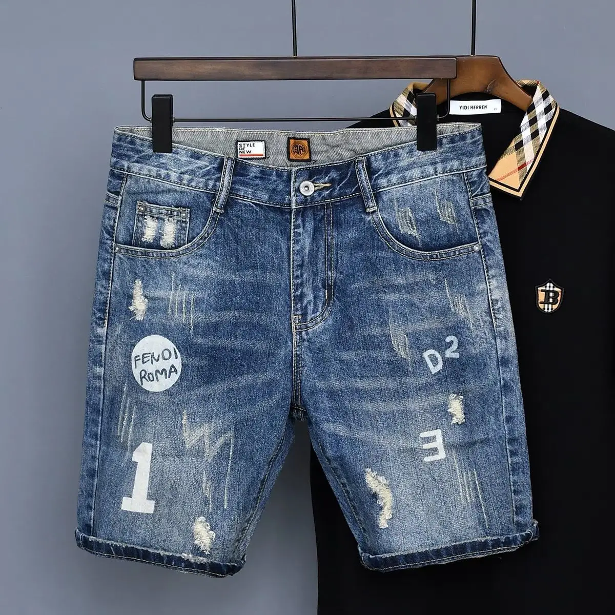 2022 Summer Denim Shorts Men's High Street New Scraped Hole Print Korean Fashion Fit Quintuple Pants Men
