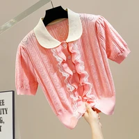 sweet pleated lace lacework knitting shirt women hollow out single breasted short sleeve knitted cardigan summer thin knit tops