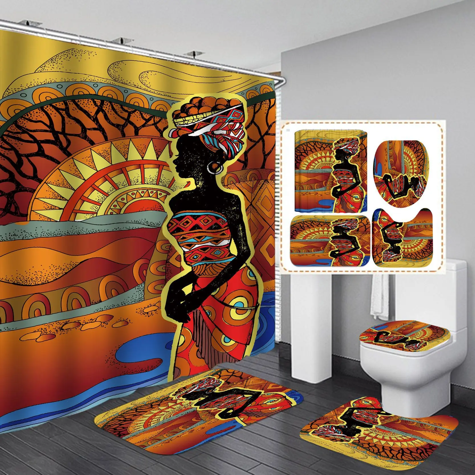 

Vintage African Woman Shower Curtain Bathroom Curtains Bath Carpet Anti-slip Mats Doormats Soft Toilet Rugs 4 Piece Set