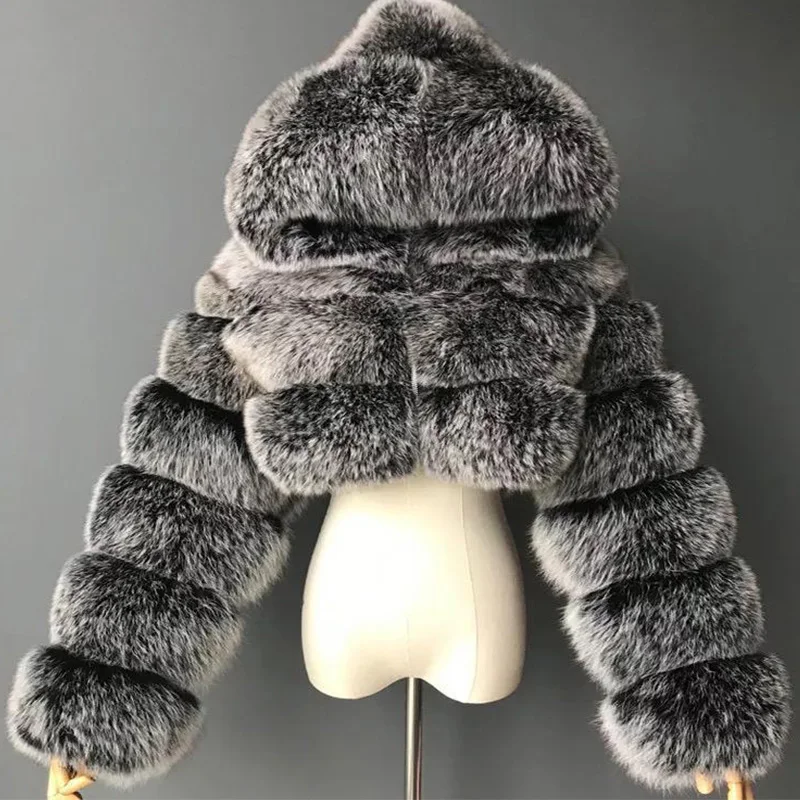 Lavelache Real Fox Fur Bare Midriff Short Coat Hooded Winter Luxury Fur Clothes Women Natural Fur Jacket