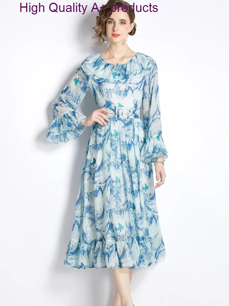 

Женское шифоновое платье миди с принтом, модельное Повседневное платье с расклешенным рукавом, праздничное синее платье в богемном стиле, весна 2023