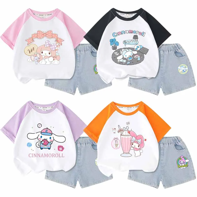 

Детские джинсовые шорты Sanrios Cinnamoroll My Melody с героями мультфильмов, с коротким рукавом, милая Одежда для девочек, топы, футболка, штаны