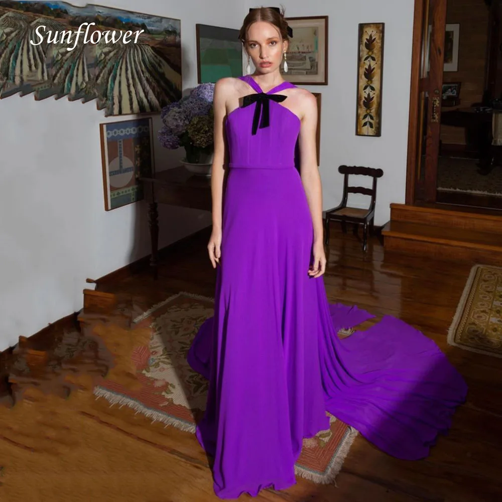 

Sunflower Bow Halter Prom Gowns Backless A-LINE Evening Dress Slim Chiffon Floor-Length Party Dress 2023 High-end Custom