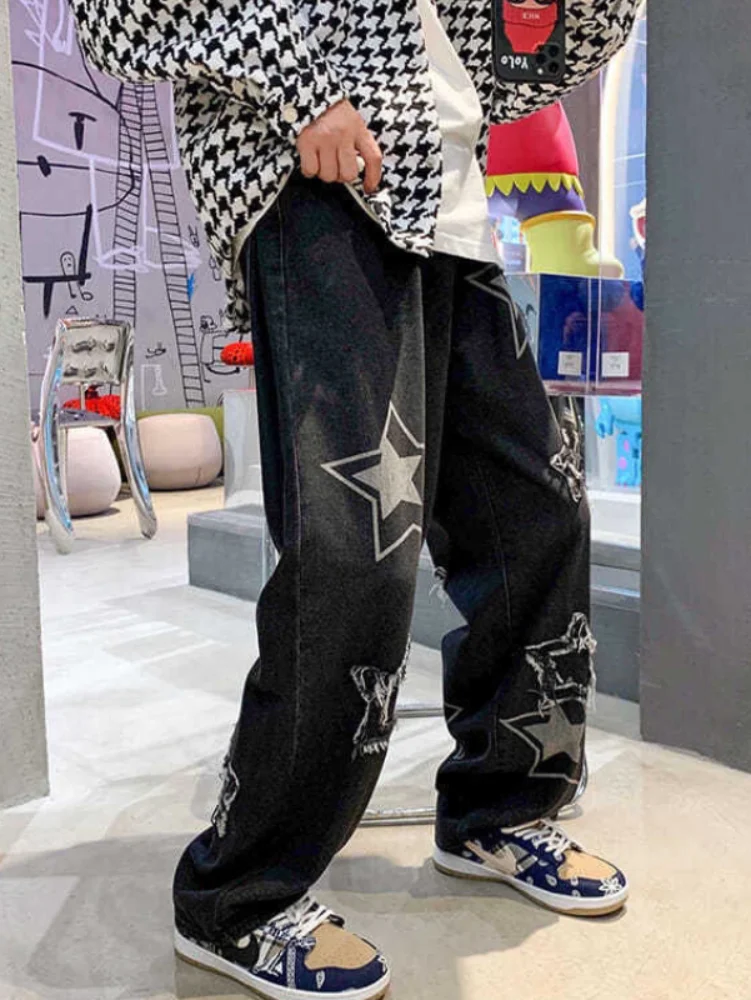 HOUZHOU Vintage Retro Washed Y2k Denim Pant Men High Street Streetwear Jeans Korean Fashion Kpop Patchwork 2023 Trouserss