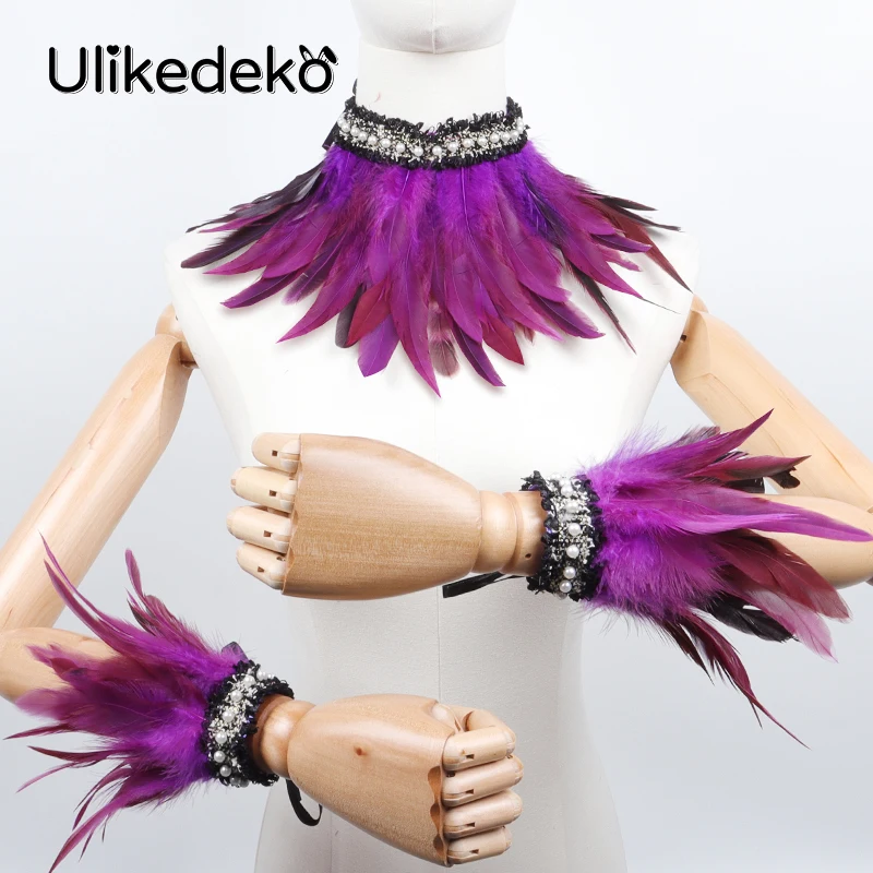 Victorian Feather Cuffs and Fake Collar Rave Party Accessories Feather Wrist Cuffs Wristband Arm Warmer Feather Gloves Necklace