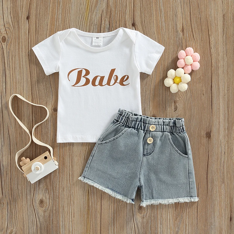 

Girls Two Pieces Clothes Outfit Round Neck Short Sleeve Letter Printed T-Shirt Elastic Waist Denim Shorts Children's Sets