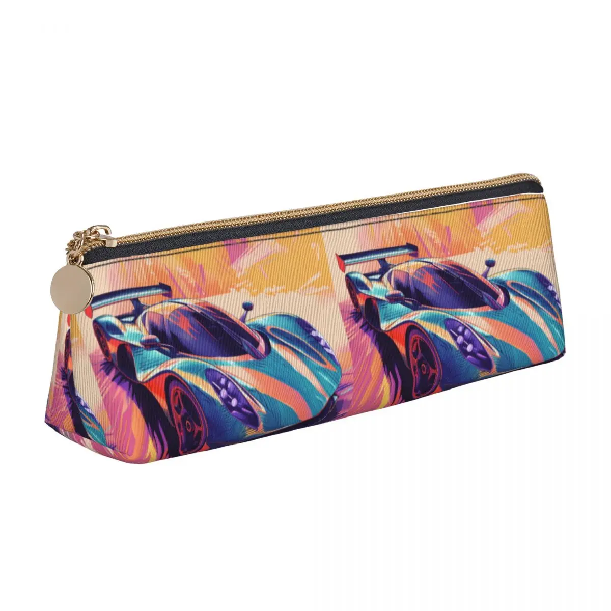 

Dazzling Sports Car Triangle Pencil Case Neo Fauvism Cover Art Back to School Large Zipper Pencil Box Fashion Leather Pen Bag
