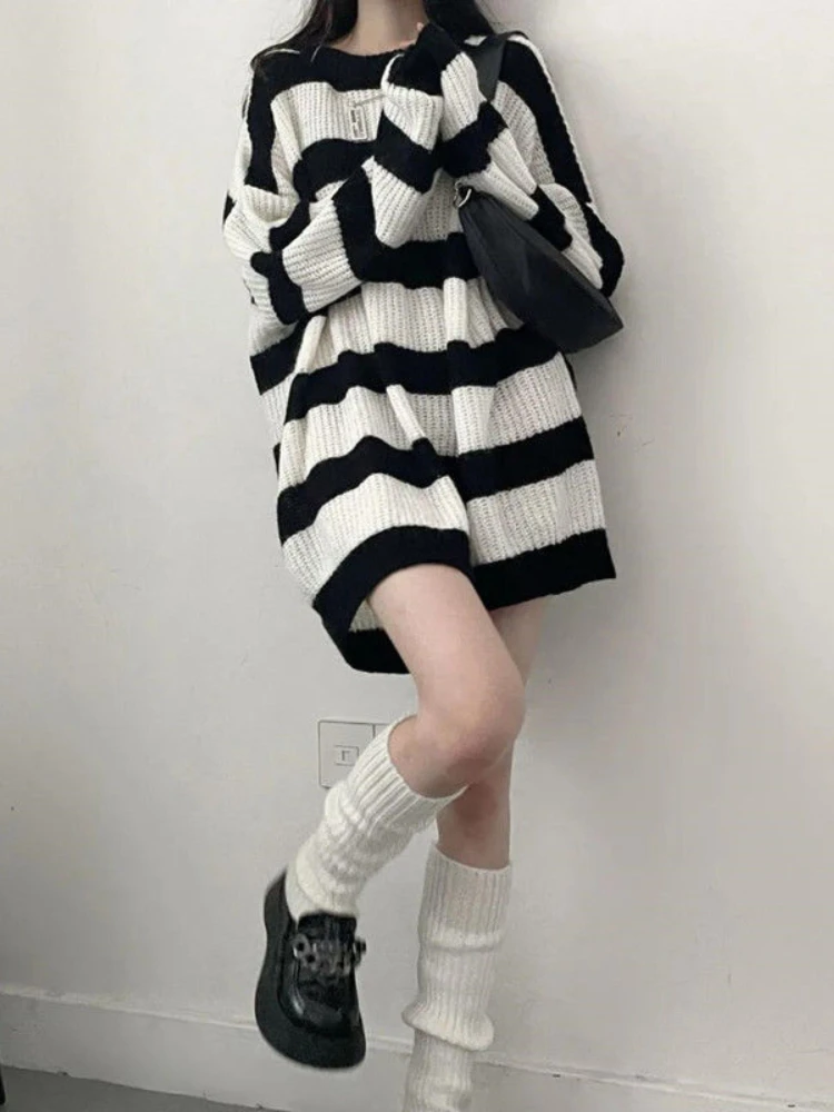 

Женский свитер в готическом стиле Y2k, вязаный джемпер в полоску в стиле Харадзюку, винтажный Свободный пуловер с длинным рукавом, топы в Корейском стиле
