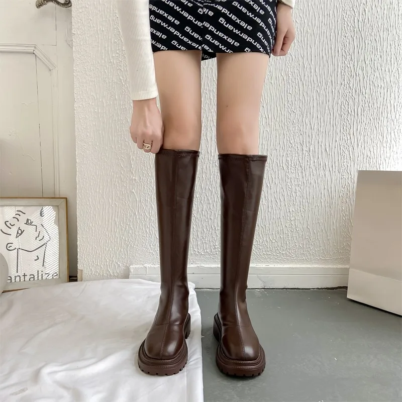 

2022 Winter Long Brand Women's Boots Knee High Luxury Chelsea Chunky Platform Shoes Zipper Round Toe Botines De Mujer