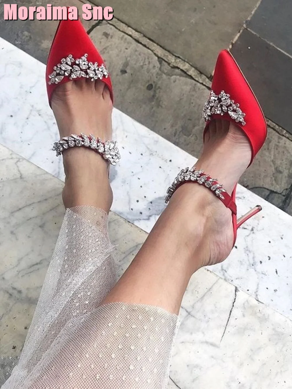 Satin Crystal  Pointed Toe Slippers Stiletto High Heel Black Solid Sexy Luxury Women Wedding Shoes Slides Banquet Fashion 2023