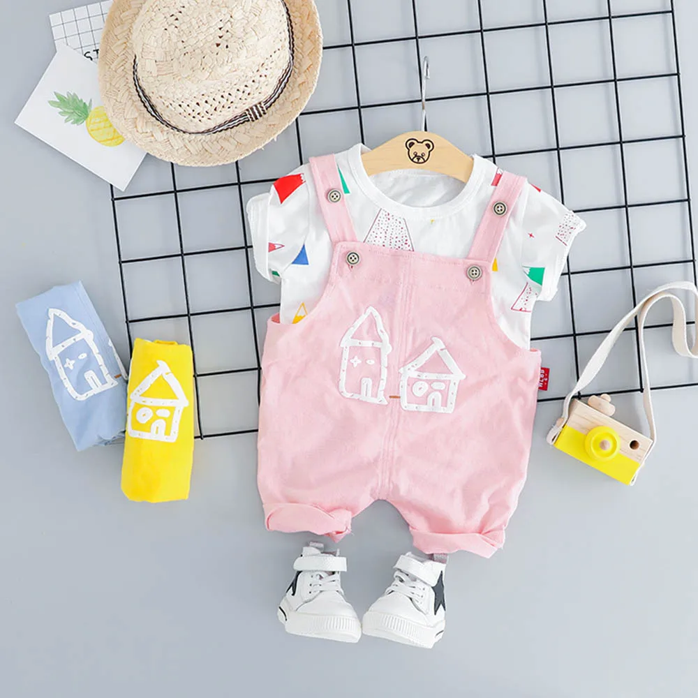 

Melario Baby Girl Clothes 6M-2Years 2022 Summer New Printed Cute Short Sleeve Top Cartoon Denim Bib Fashion 2pcs Children's Suit
