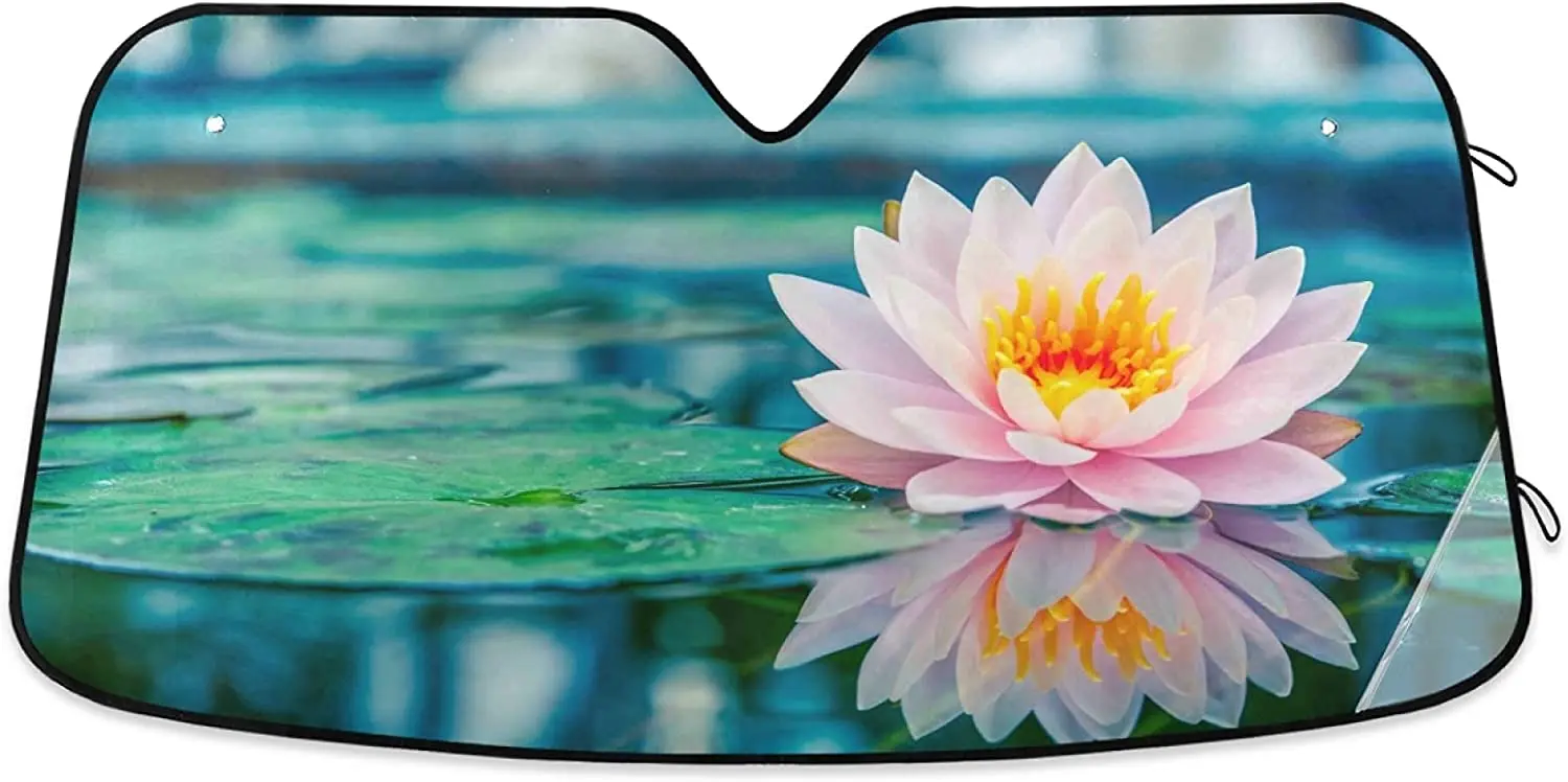 

Pink Lotus Floral Car Windshield Sun Shade Botanical Flowers Leaves Sunshades Reflective UV Rays Protector Keep Your Vehicle Coo