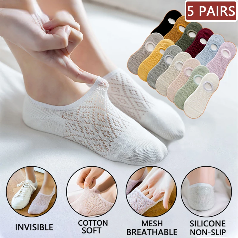 5 Pairs/Set Women Silicone non-slip invisible Socks Summer Solid Color Mesh Ankle Boat Socks Female Cotton Slipper No show Socks