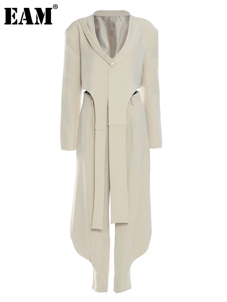 

[EAM] брюки с широкими штанинами абрикосовый Блейзер большой размер костюм из двух предметов новый отворот с длинным рукавом Женская мода вес...