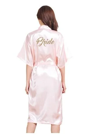 

Длинный Шелковый Атласный халат для невесты с золотым тиснением, кимоно с рукавом до локтя, ночной халат, однотонный банный халат, модный халат для женщин