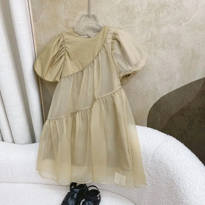 

Children Dress 2023 Summer O-neck Collar A-line Above Knee Length Pullover Cotton New Patchwork Simple Clean Comfortable Girls