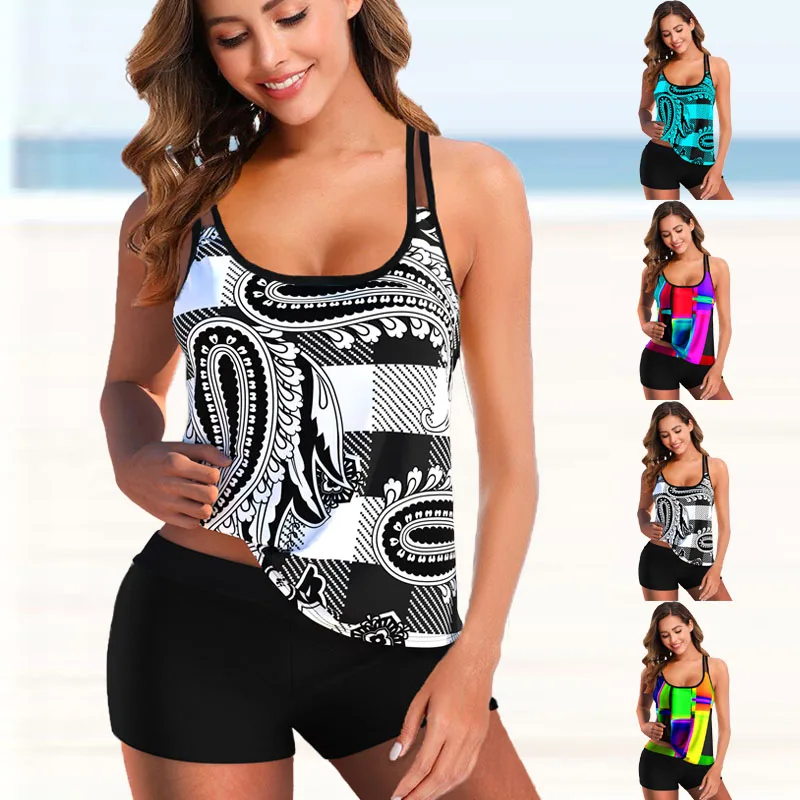 

Plus Size 5xl Women Backless Tankini Swimsuit Sexy Back Strap Cross Swimming Suit Fashion Print 2 Pieces Swimwear Bathing Suit