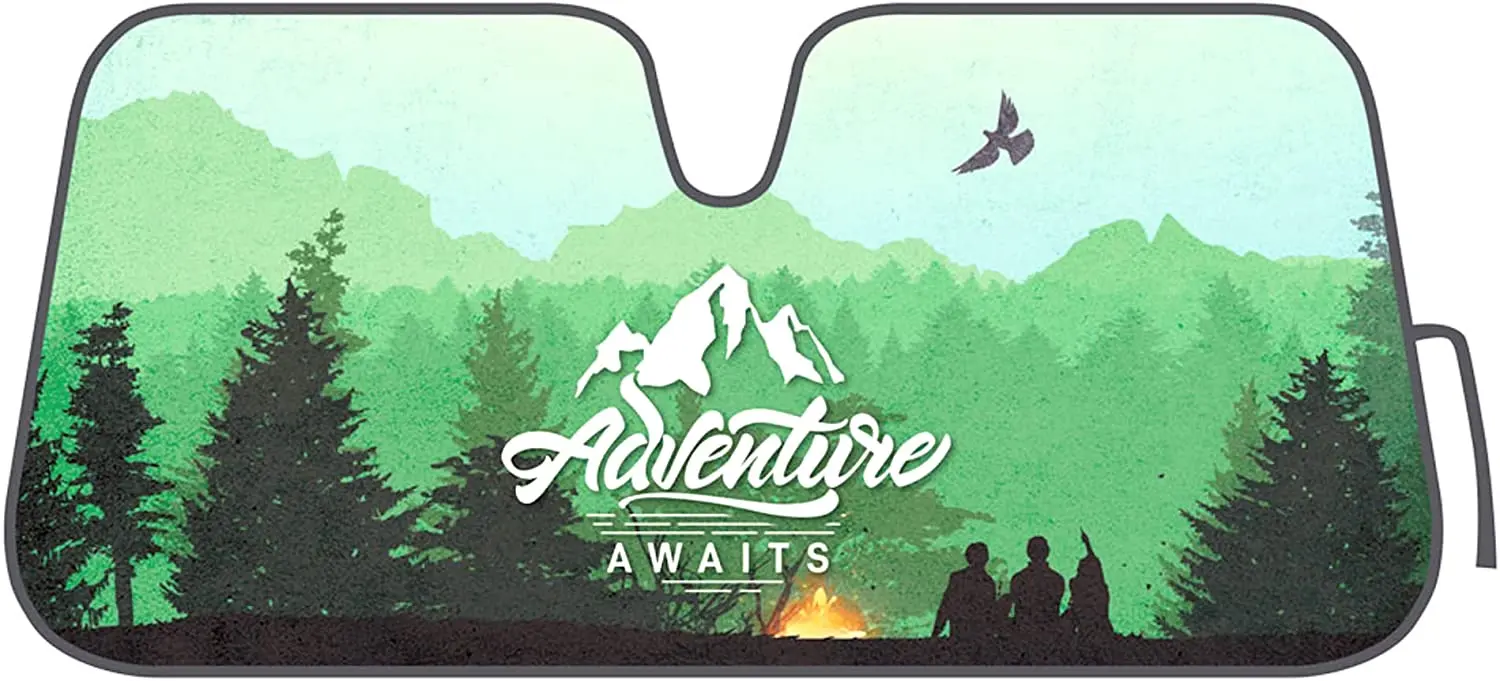 

BDK AS-782 Outdoors-Adventure Awaits-Front Windshield Shade-Accordion Folding Auto Sunshade for Car Truck SUV-Blocks UV Rays Sun