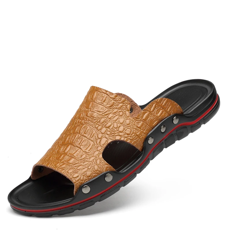 

Genuine Leather Slippers Men Summer Sandals Breathable Brand Designer Stylish Shoes Real Leather Seaside Beach Flats