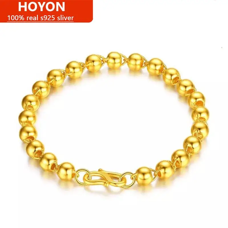 

HOYON Genuine 24k Yellow Gold Color Bracelet For Women and Men Fine Jewelry Round Dubai Sand Gold Beads Bangles Birthday Gifts