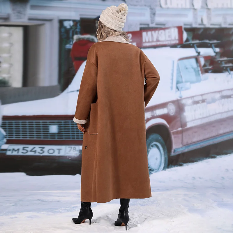 Fashionable New Women's Dress Suede Fur One piece Wool Suit Collar Pocket Cuff Collar Long Coat Women's Windbreaker Coat