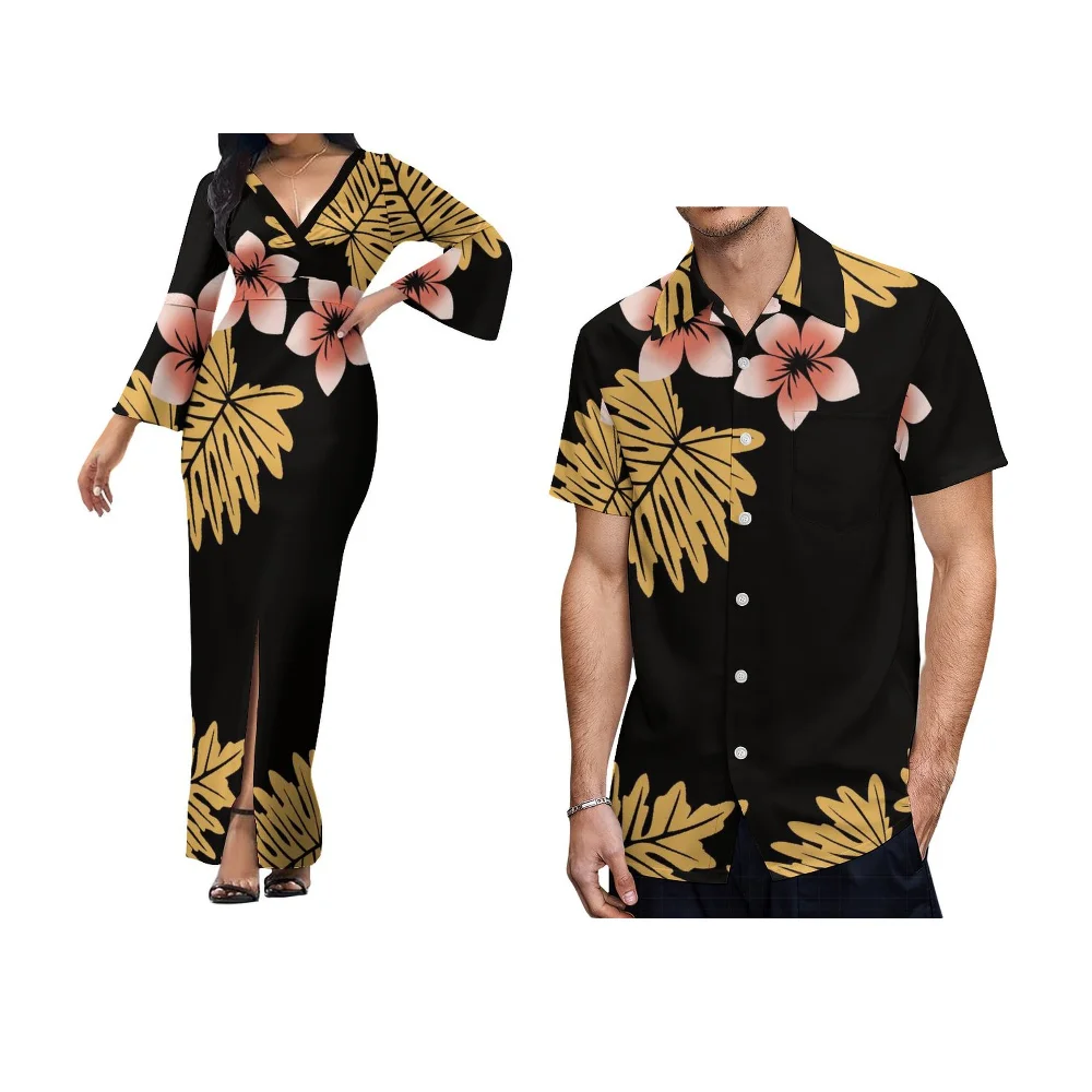 Pacific Islands Custom Clothing Couple Suit Polynesian Traditional Print Fashion Shirt Sexy V-Neck Tight Skirt Slit Design