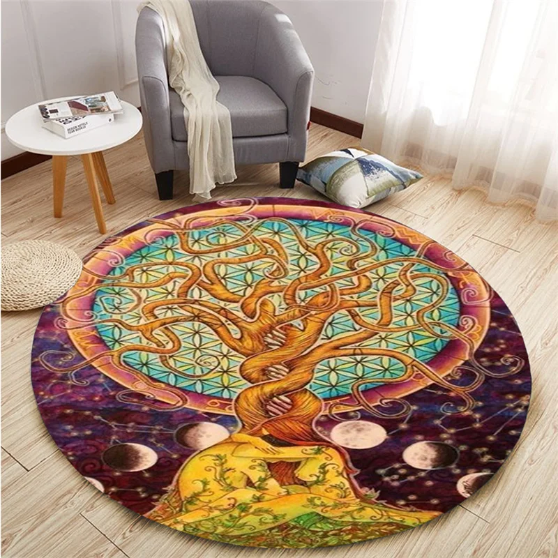 3D printed Tree of Life pattern circular carpet bedroom, family living room, office, bathroom mat and children's area, yoga mat