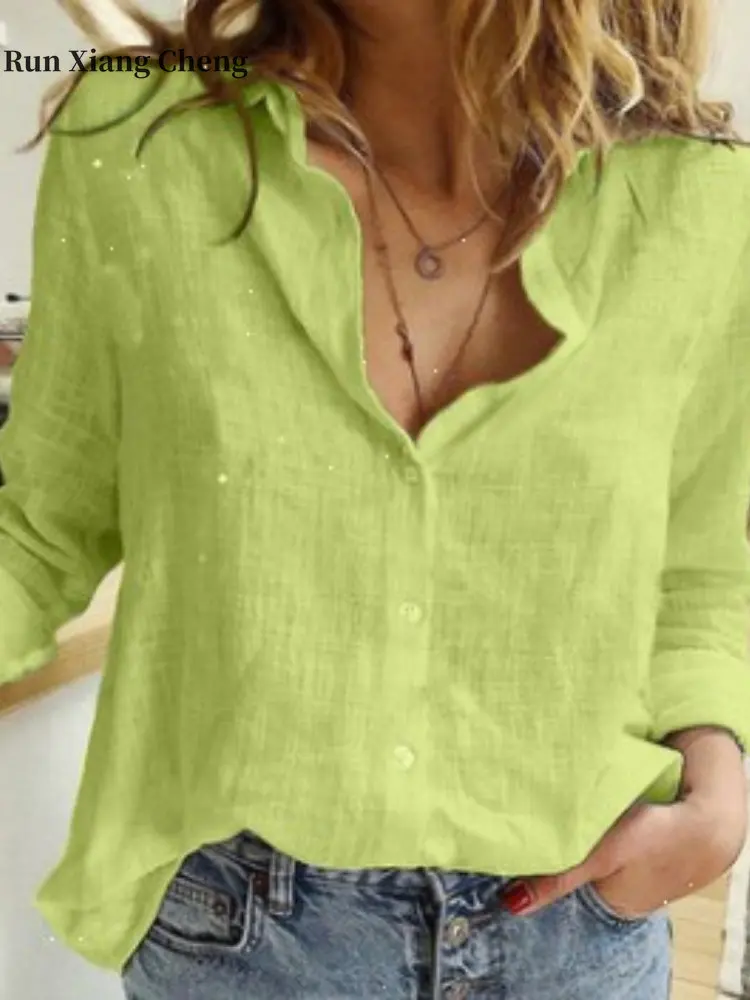 

Модная женская рубашка оверсайз 2023, однотонная Повседневная Свободная льняная элегантная Молодежная блузка с отложным воротником и длинными рукавами, на пуговицах