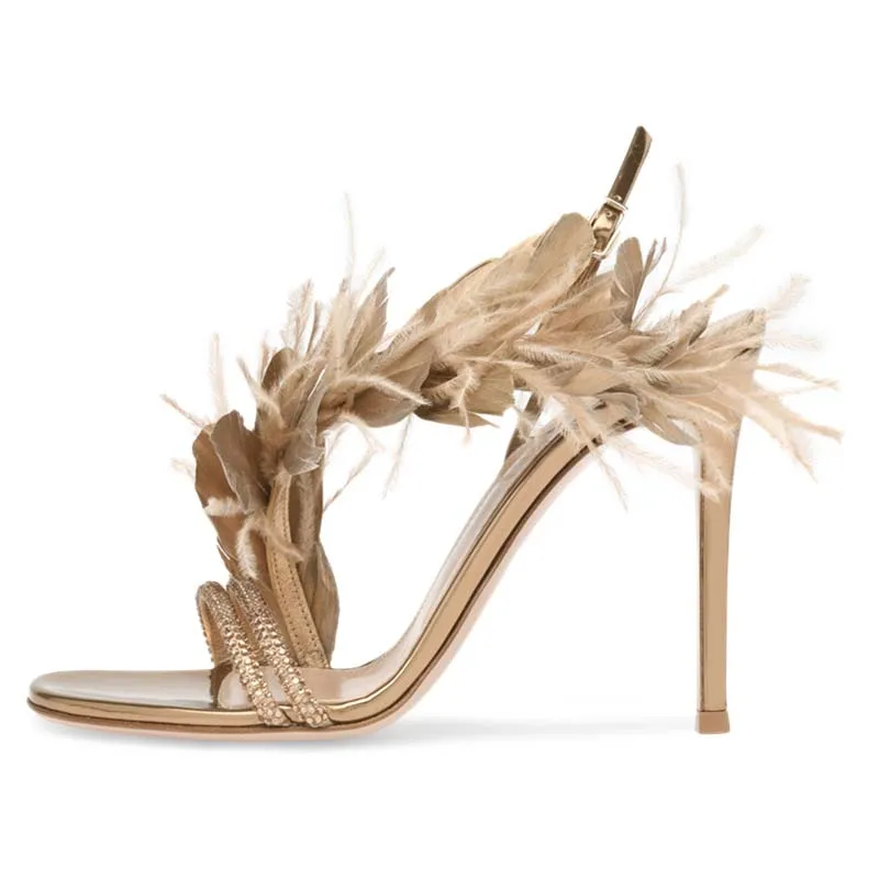 Feather Banquet High Heels Stiletto All-match Genuine Leather Rhinestone Sandals Sexy Open Toe Buckle Fashion Shoes For Women's