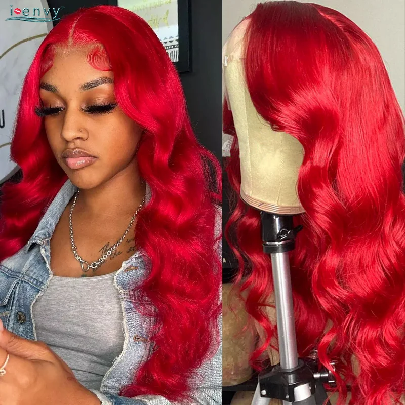 Red Colored Lace Front Human Hair Wigs For Women Body Wave Human Hair Wig Transparent Lace Front Wig Straight Peruvian Hair Remy