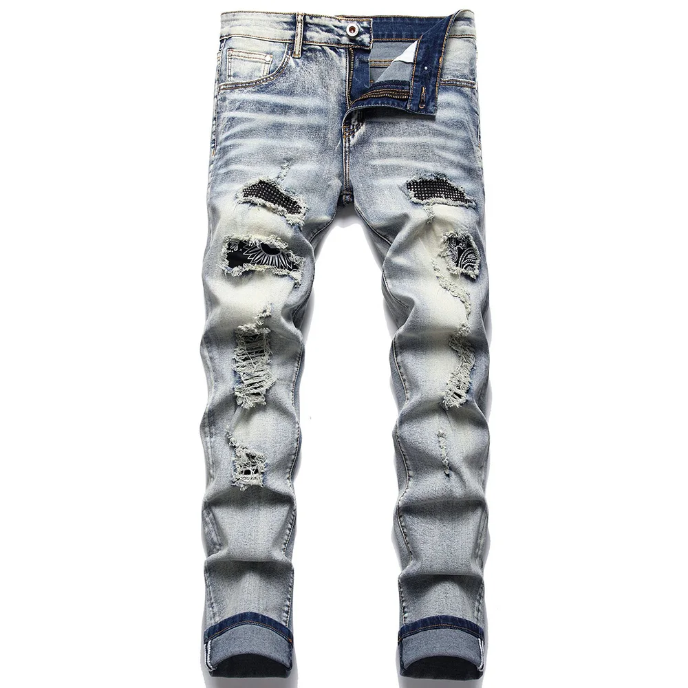 

Men Crystal Stretch Denim Jeans Streetwear Paisley Bandana Print Patch Patchwork Pants Vintage Holes Ripped Trousers