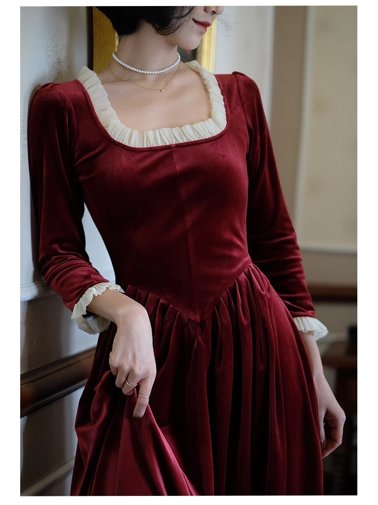 

Autumn Winter New women Dress French Vintage Elegant Dress Purple Velvet Square Collar Midi Dress Party Dress