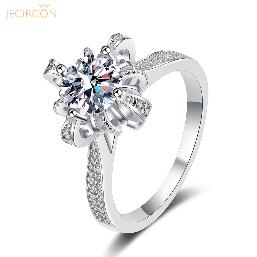

JECIRCON 1 Carat Moissanite Simulated Diamond Ring for Women Simple 4 Prong Crown Wedding Band 100% 925 Silver Luxury Jewelry