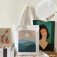 women canvas shoulder bag sun moon printing simple shopping bags students book bag cotton cloth handbags tote for girls