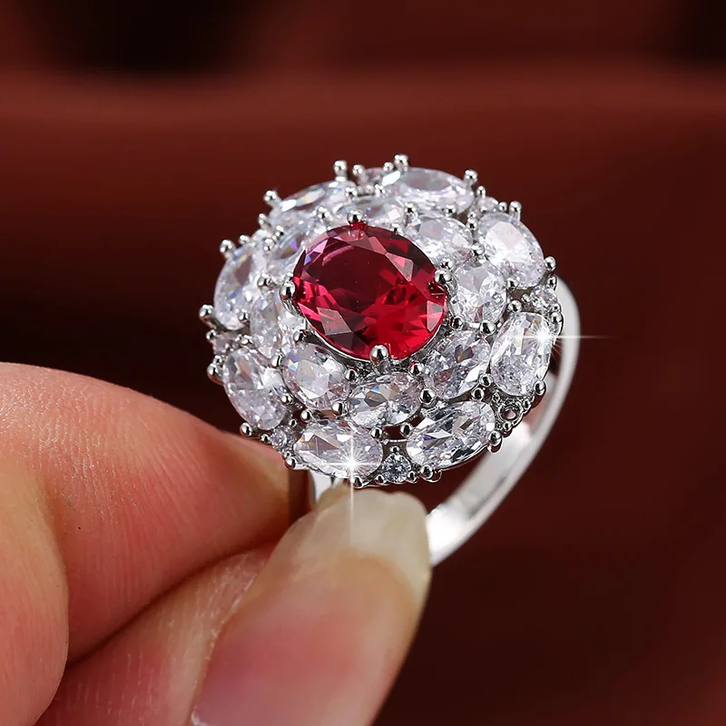 

Luxury Inlaid AAA Red Zircon Ladies Ring Fashion Classical Ruby Cocktail Party Hand Jewelry Bridal Wedding Jewelry Accessories