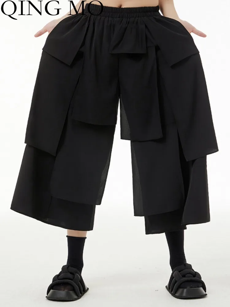 

QING MO Multi-layer Patchwork Casual Wide Leg Pants Women 2023 Summer New Thin High Waisted Slim Straight Cropped Pant ZXF3211